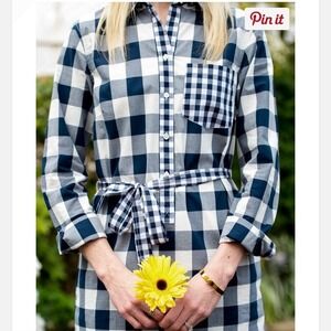 LL Bean Signature Shirt Dress Navy Gingham Buffalo Check Plaid Sz 8 Cotton Belt